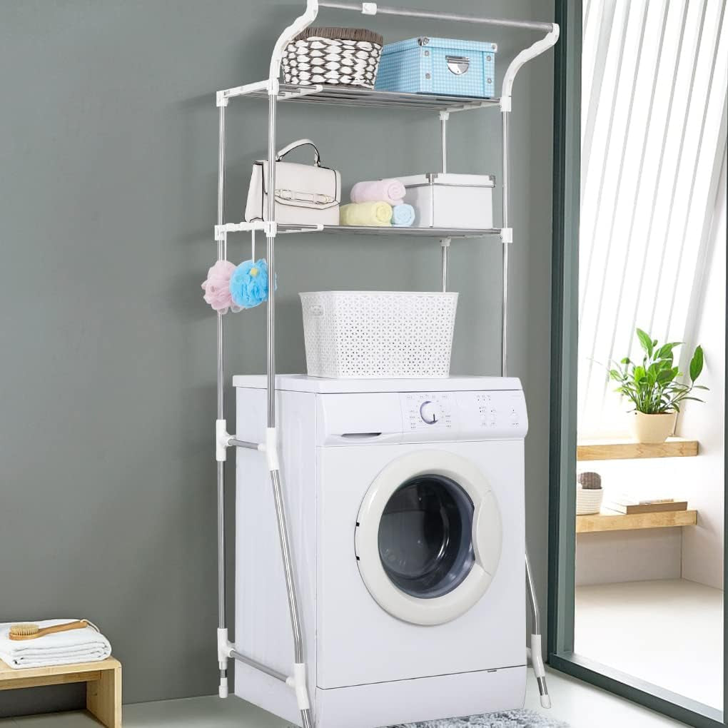 over the Toilet Storage Shelf Bathroom Space Saving Organizer Rack Adjustable Stand 2-Tier Wire Shelving Units with Clothes Hanging Rod Rail and Transparent Spacer - Ivory