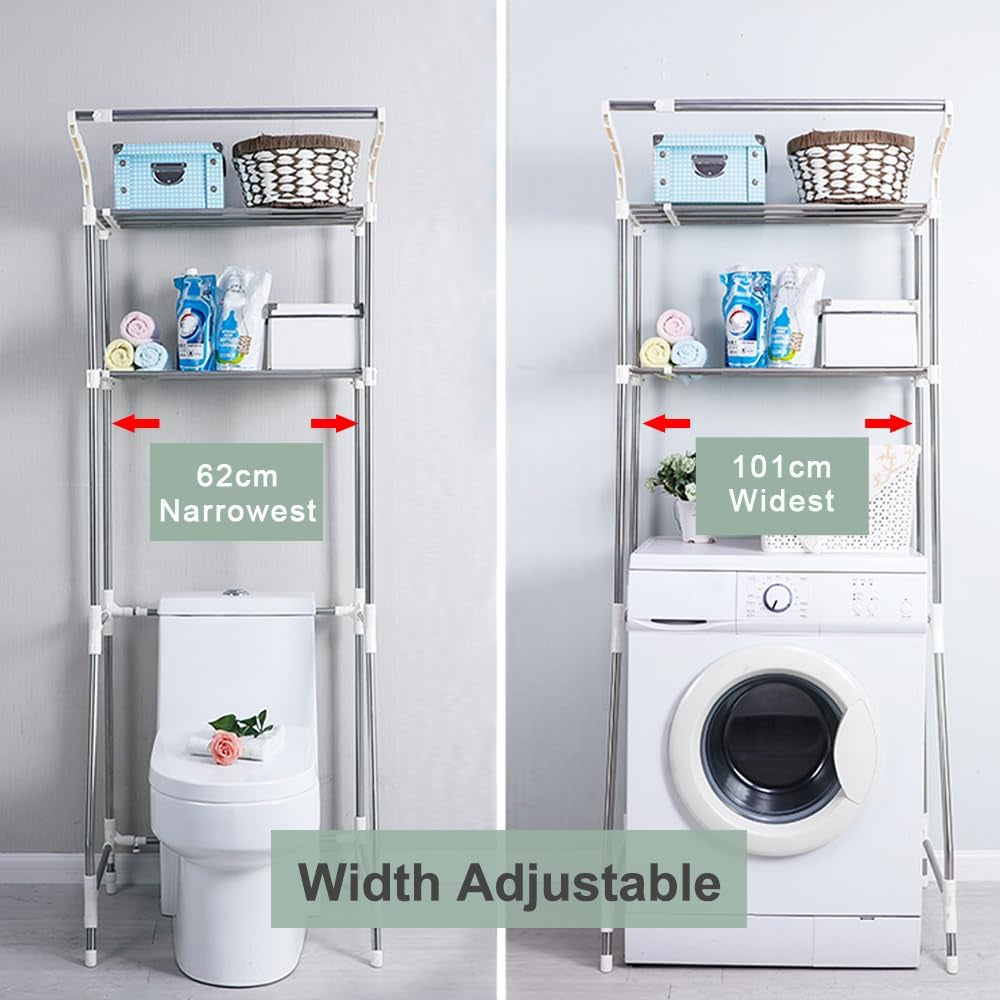 over the Toilet Storage Shelf Bathroom Space Saving Organizer Rack Adjustable Stand 2-Tier Wire Shelving Units with Clothes Hanging Rod Rail and Transparent Spacer - Ivory