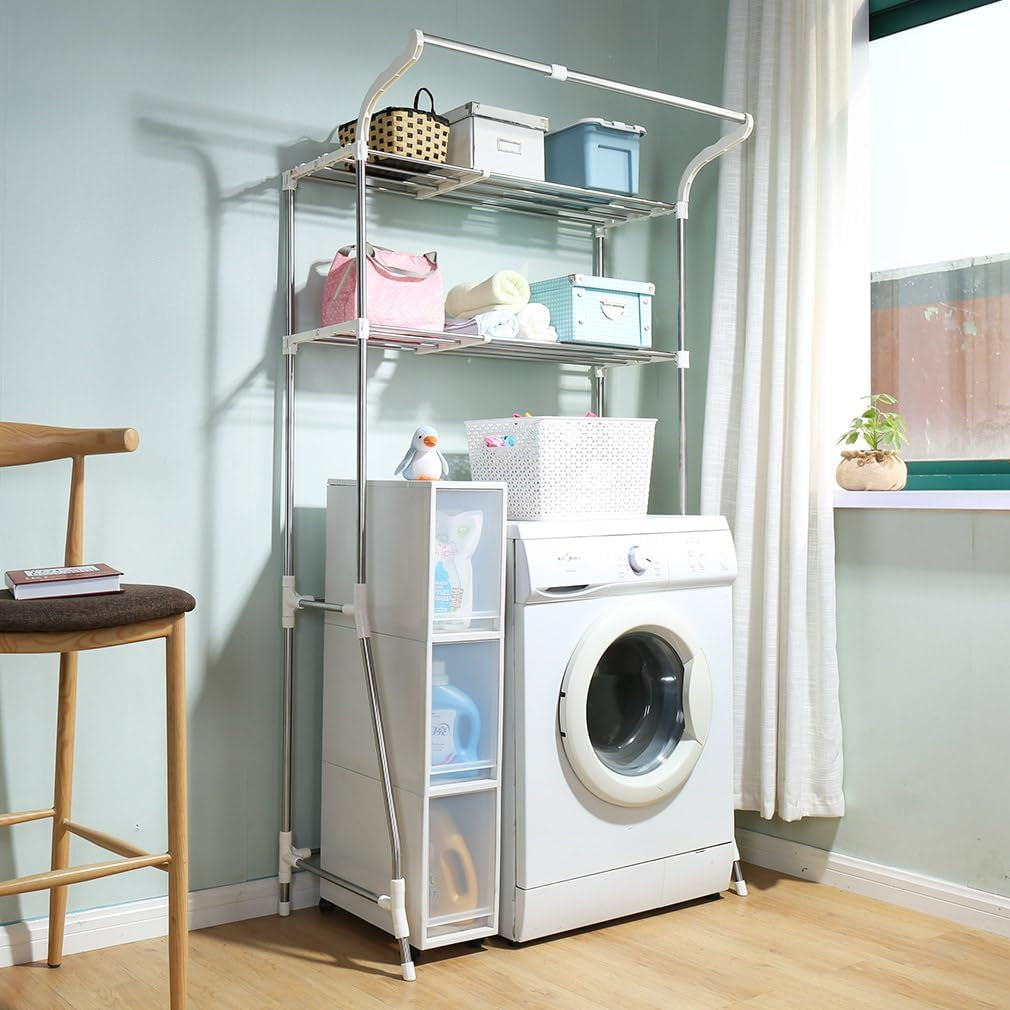 over the Toilet Storage Shelf Bathroom Space Saving Organizer Rack Adjustable Stand 2-Tier Wire Shelving Units with Clothes Hanging Rod Rail and Transparent Spacer - Ivory