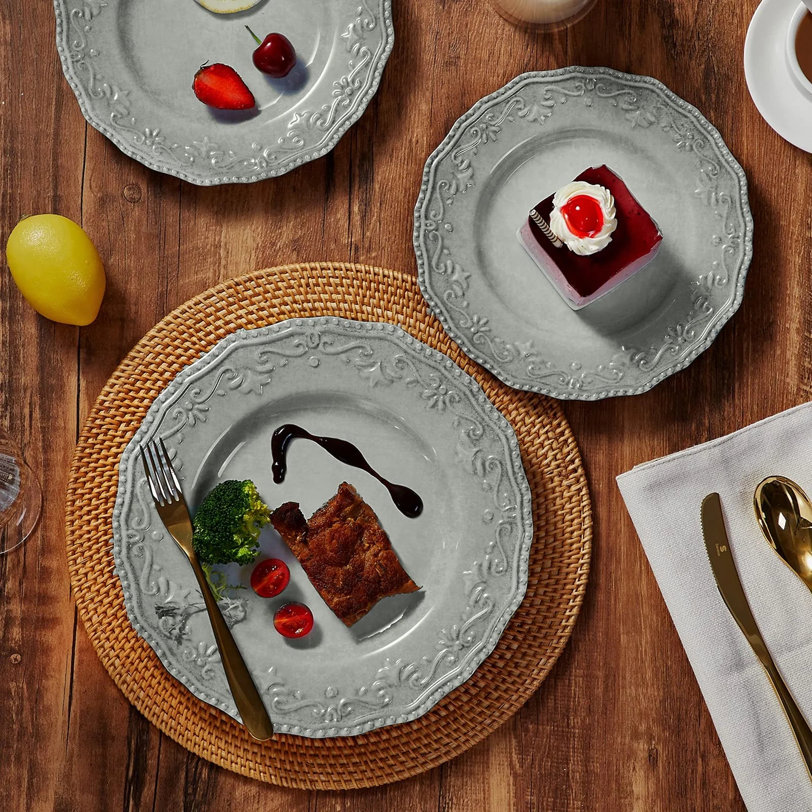 12-Piece Dinnerware Set, Melamine Dishes Set with Bowls and Plates, Dinner Service for 4, Dishwasher Safe, Gray