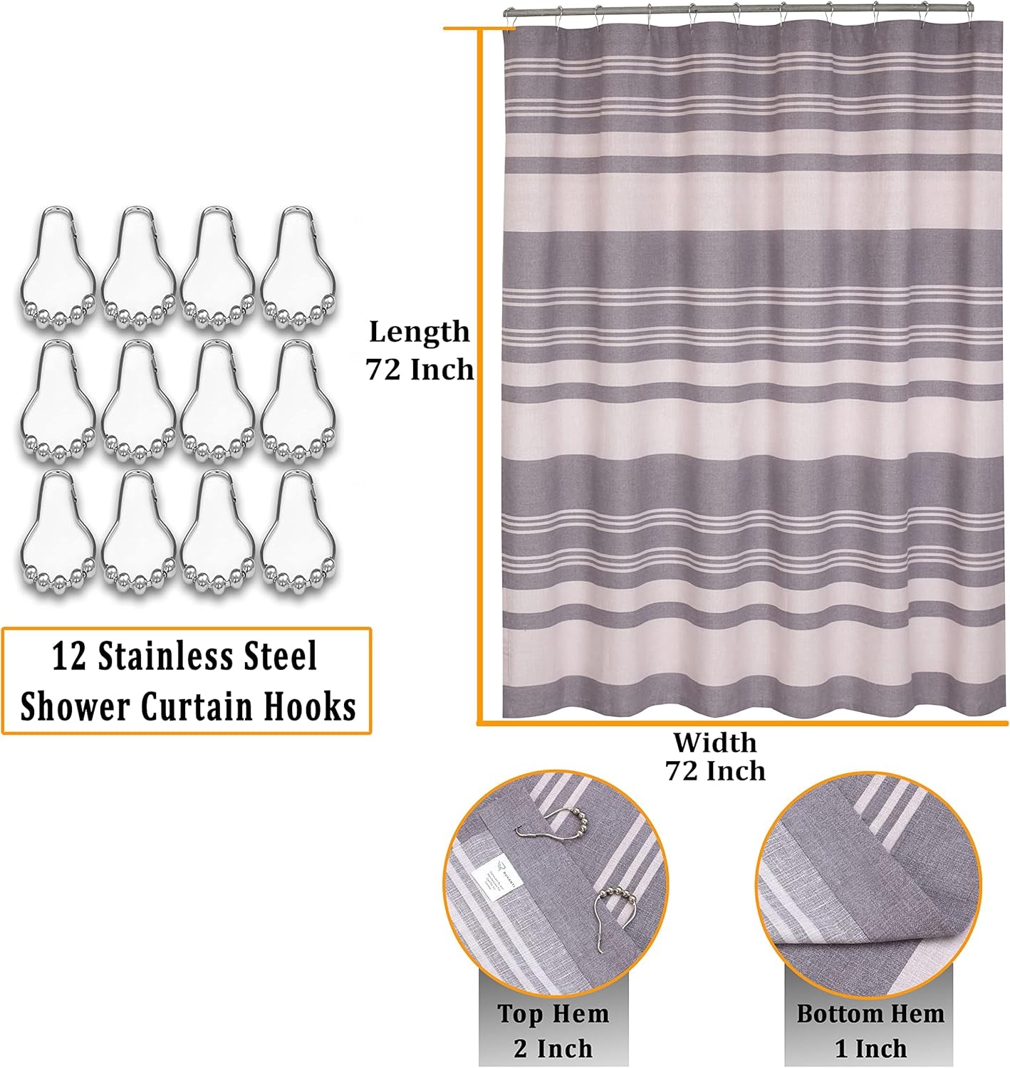 Shower Curtains 72X72 Inch Cotton Blend, Bathroom Shower Curtain Aspid Grey Stripe. Fabric Shower Curtains Set Is Soft, Washable, Decorative, Quick Dry, Water Resistant with 12 Curtain Hooks.