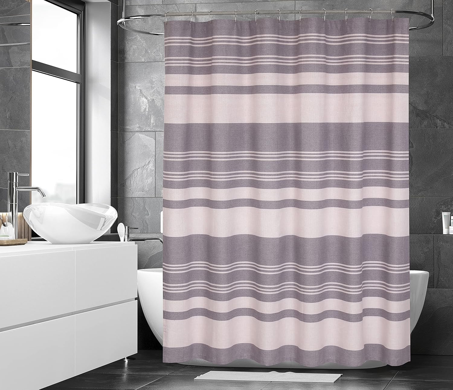 Shower Curtains 72X72 Inch Cotton Blend, Bathroom Shower Curtain Aspid Grey Stripe. Fabric Shower Curtains Set Is Soft, Washable, Decorative, Quick Dry, Water Resistant with 12 Curtain Hooks.