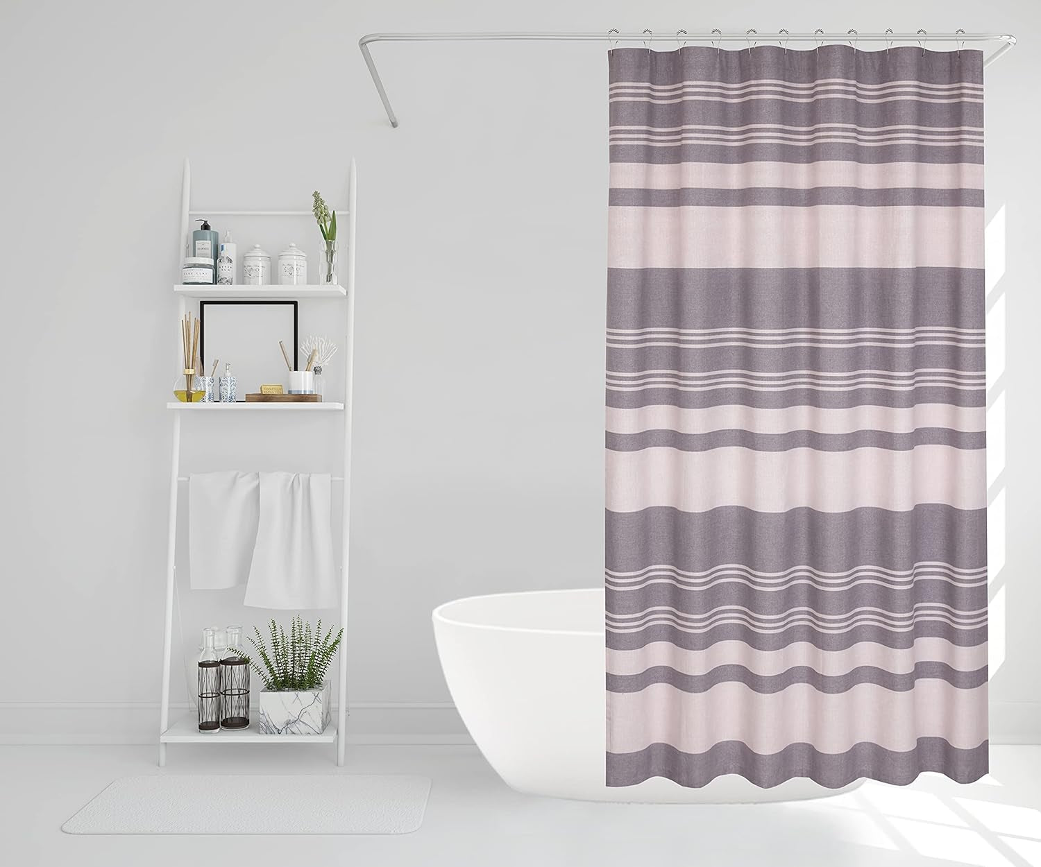 Shower Curtains 72X72 Inch Cotton Blend, Bathroom Shower Curtain Aspid Grey Stripe. Fabric Shower Curtains Set Is Soft, Washable, Decorative, Quick Dry, Water Resistant with 12 Curtain Hooks.
