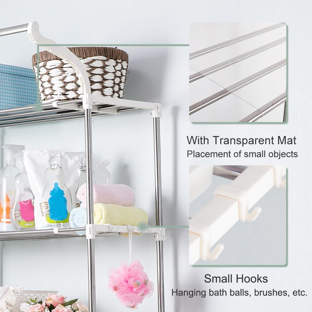 over the Toilet Storage Shelf Bathroom Space Saving Organizer Rack Adjustable Stand 2-Tier Wire Shelving Units with Clothes Hanging Rod Rail and Transparent Spacer - Ivory