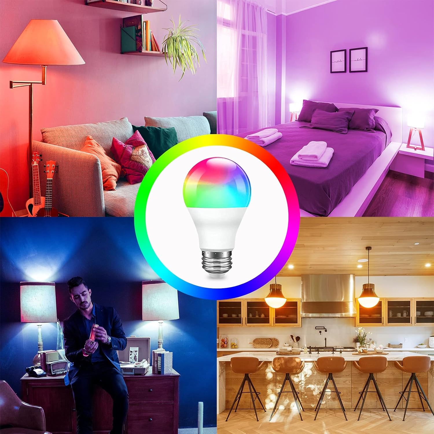 Smart Light Bulbs, RGBCW Wifi Multicolor Led Light Bulbs Compatible with Alexa & Google Home Assistant, A19 E26 9W 60W Equivalent 800Lumen, App Control, No Hub Required, 6 Pack