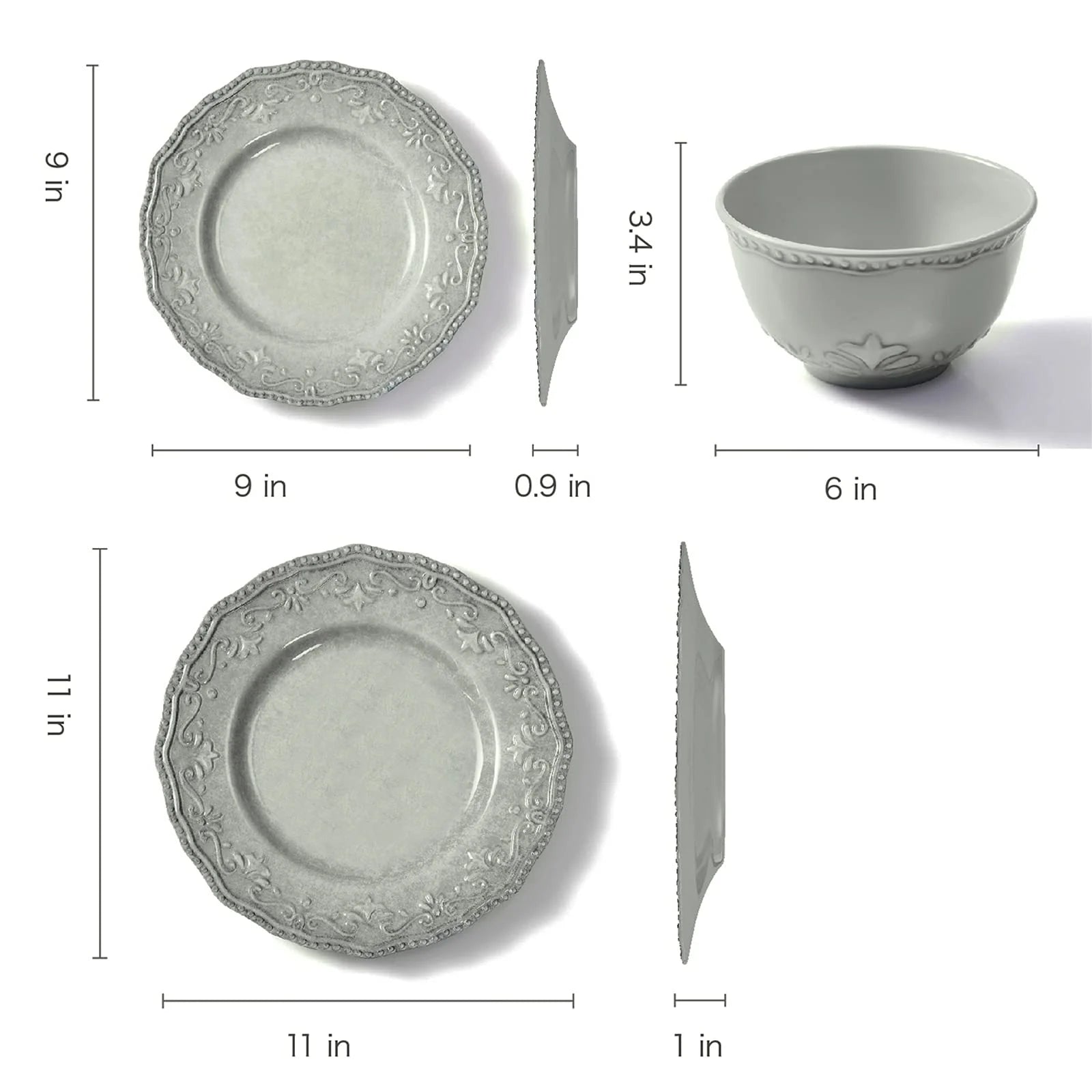 12-Piece Dinnerware Set, Melamine Dishes Set with Bowls and Plates, Dinner Service for 4, Dishwasher Safe, Gray