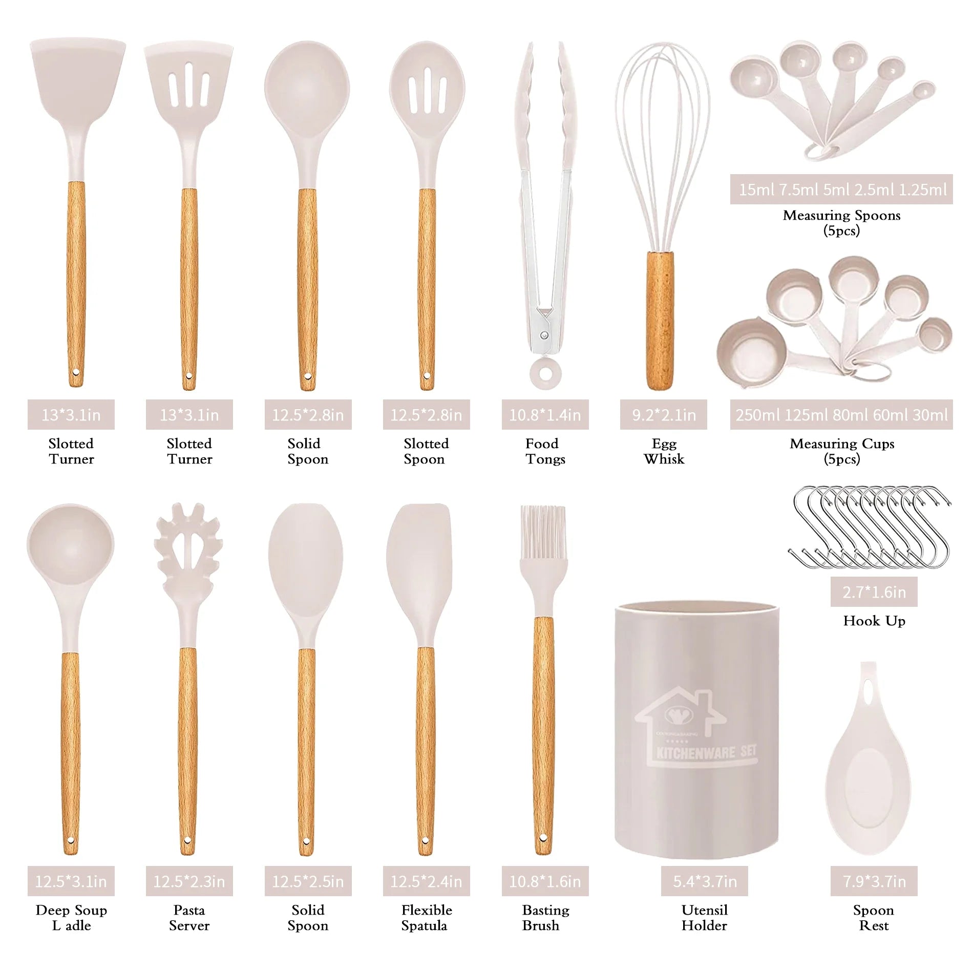 Silicone Cooking Set, 33 Piece Silicone Cooking Set, Non-Stick Heat Resistant, Durable Wooden Handle, Best Kitchen Utensils (Khaki)