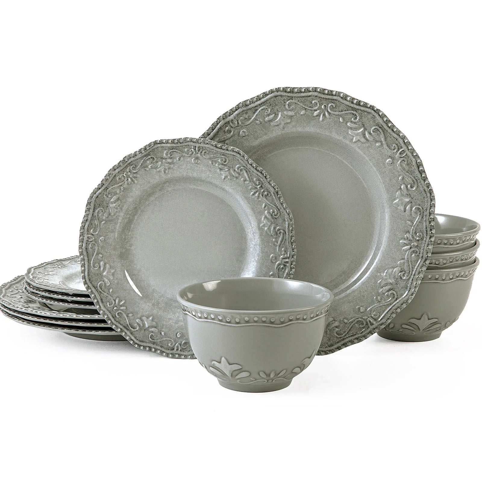 12-Piece Dinnerware Set, Melamine Dishes Set with Bowls and Plates, Dinner Service for 4, Dishwasher Safe, Gray