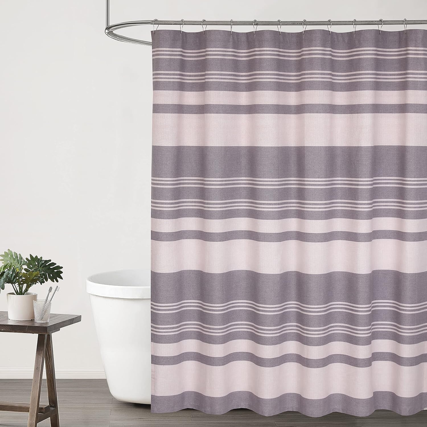 Shower Curtains 72X72 Inch Cotton Blend, Bathroom Shower Curtain Aspid Grey Stripe. Fabric Shower Curtains Set Is Soft, Washable, Decorative, Quick Dry, Water Resistant with 12 Curtain Hooks.