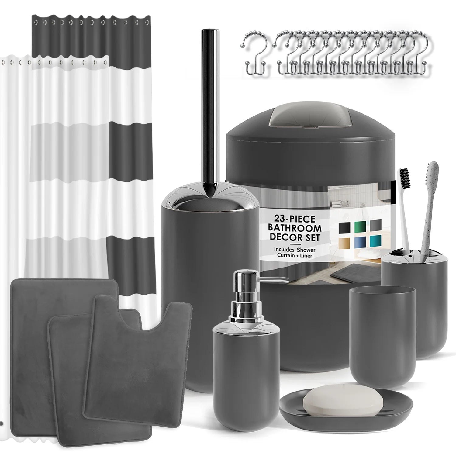 23 Piece Bathroom Accessory Gift Set, Bathroom Shower Curtain Set, and Bath Rug Set, Gray