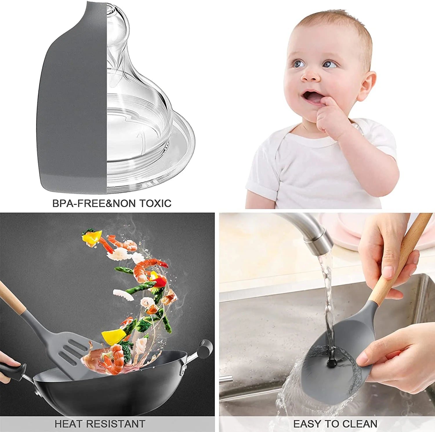 Silicone Cooking Set, 33 Piece Silicone Cooking Set, Non-Stick Heat Resistant, Durable Wooden Handle, Best Kitchen Utensils (Grey)