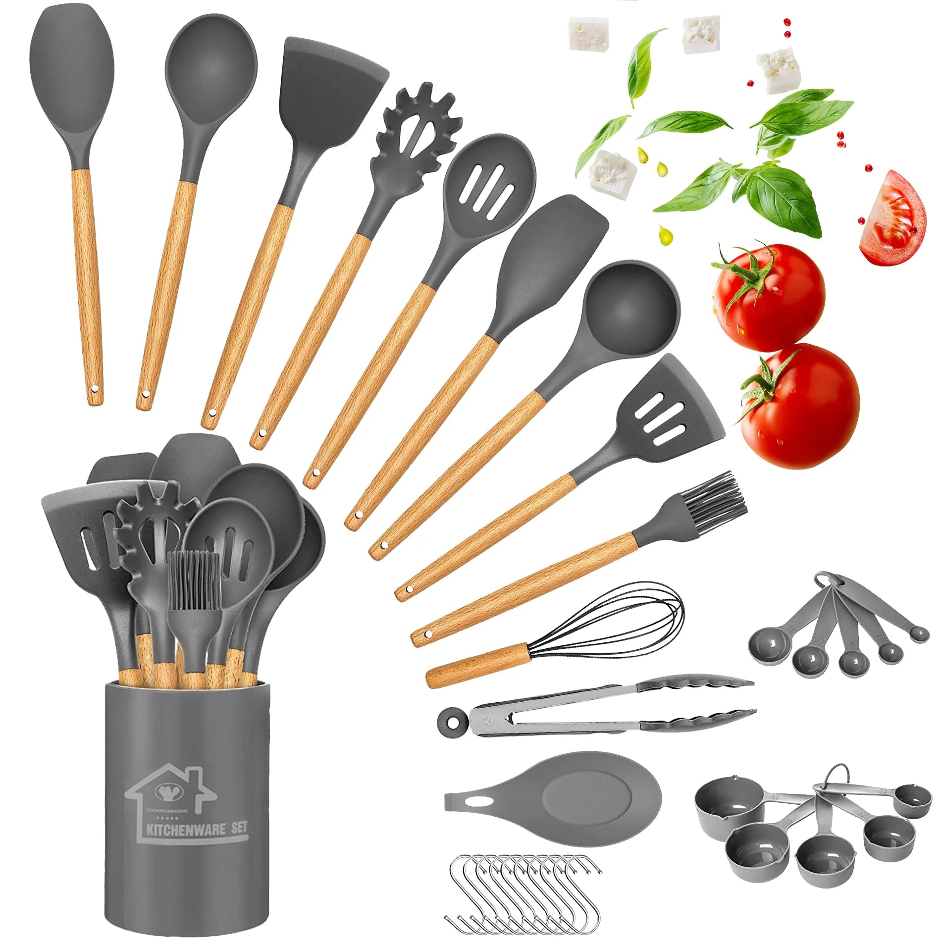 Silicone Cooking Set, 33 Piece Silicone Cooking Set, Non-Stick Heat Resistant, Durable Wooden Handle, Best Kitchen Utensils (Grey)