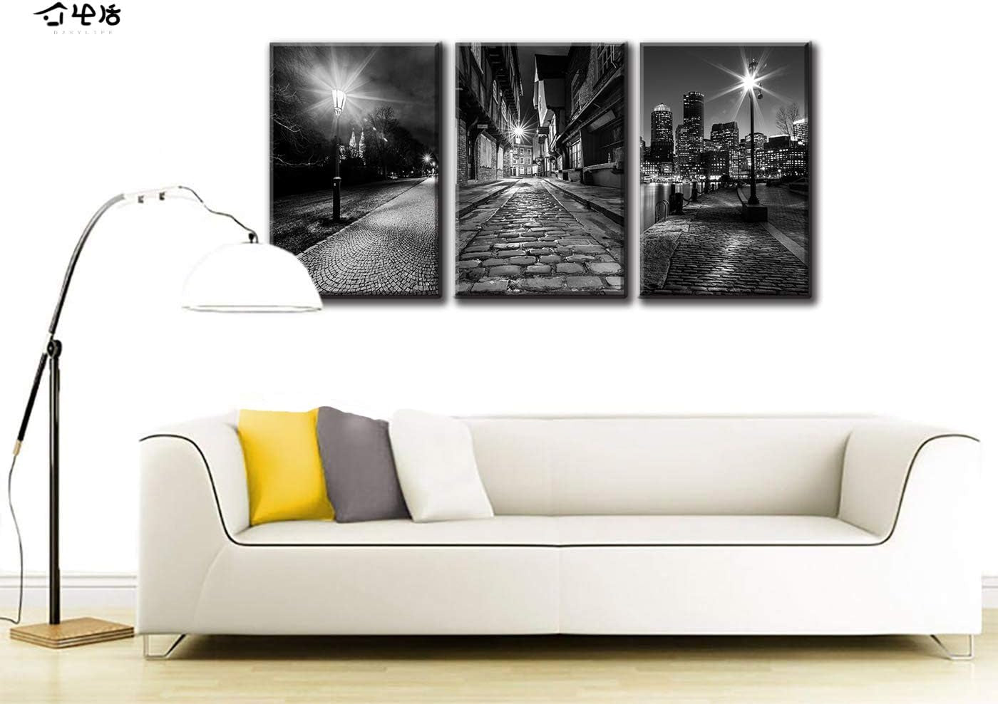 Canvas Wall Art Boston - Black and White Modern Panoramic City Night View Skyline Cityscape Historic Center Prague Street Lights Close-Up Picture Painting for Bedroom Living Room Home Decor Framed