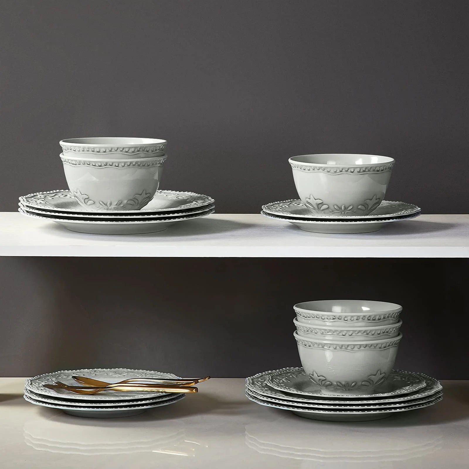 12-Piece Dinnerware Set, Melamine Dishes Set with Bowls and Plates, Dinner Service for 4, Dishwasher Safe, Gray