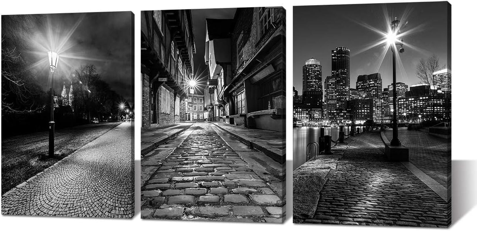 Canvas Wall Art Boston - Black and White Modern Panoramic City Night View Skyline Cityscape Historic Center Prague Street Lights Close-Up Picture Painting for Bedroom Living Room Home Decor Framed