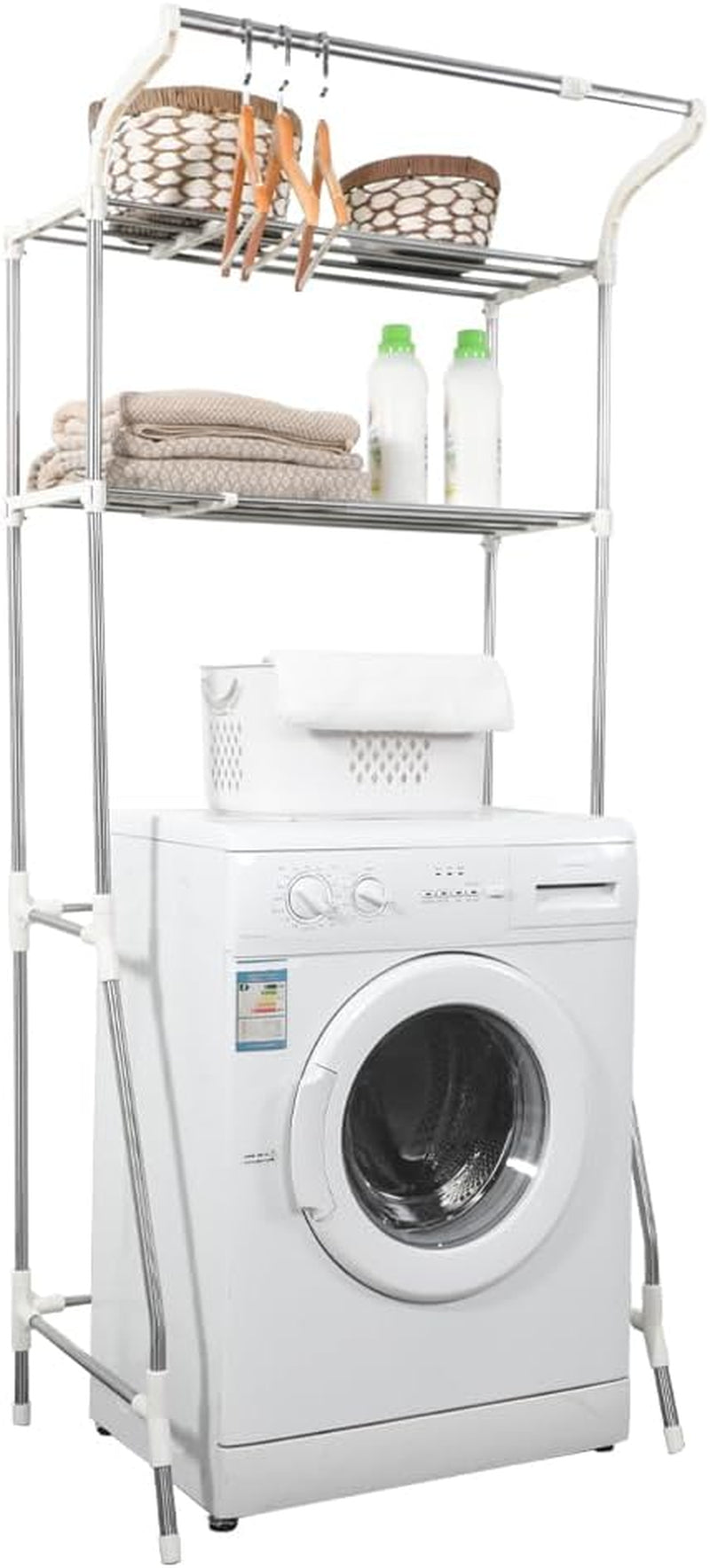 over the Toilet Storage Shelf Bathroom Space Saving Organizer Rack Adjustable Stand 2-Tier Wire Shelving Units with Clothes Hanging Rod Rail and Transparent Spacer - Ivory