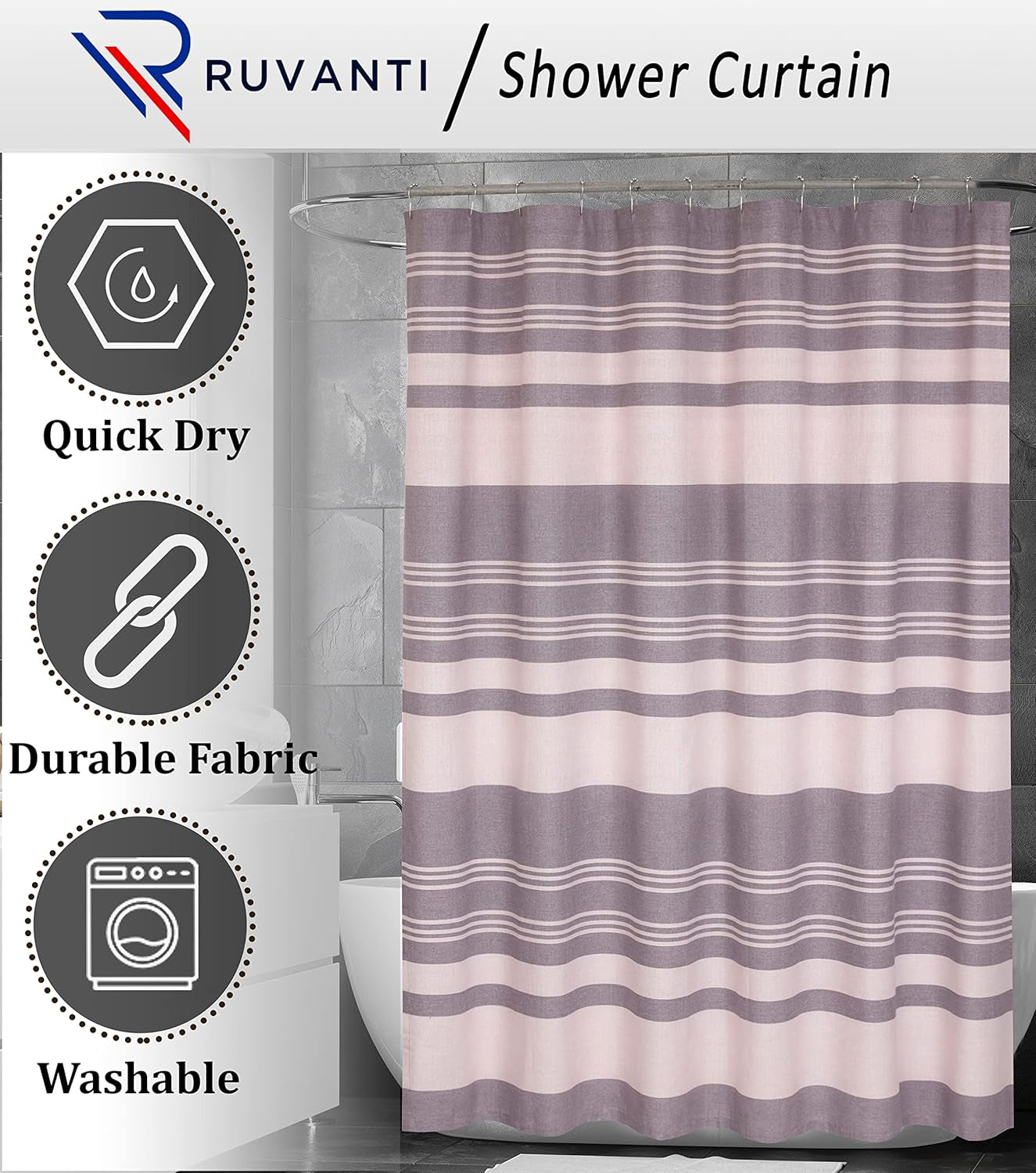 Shower Curtains 72X72 Inch Cotton Blend, Bathroom Shower Curtain Aspid Grey Stripe. Fabric Shower Curtains Set Is Soft, Washable, Decorative, Quick Dry, Water Resistant with 12 Curtain Hooks.
