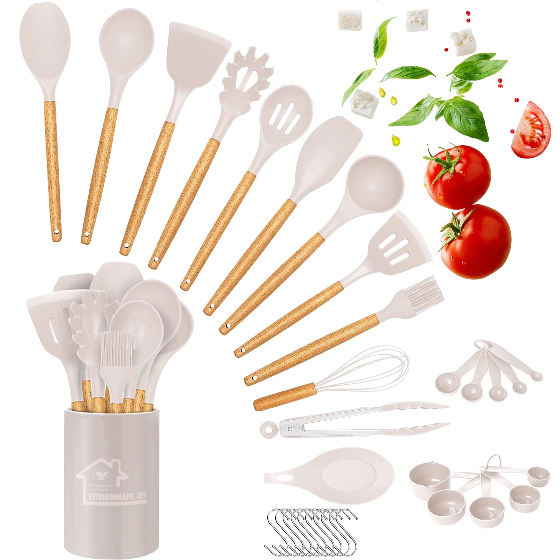 Silicone Cooking Set, 33 Piece Silicone Cooking Set, Non-Stick Heat Resistant, Durable Wooden Handle, Best Kitchen Utensils (Khaki)